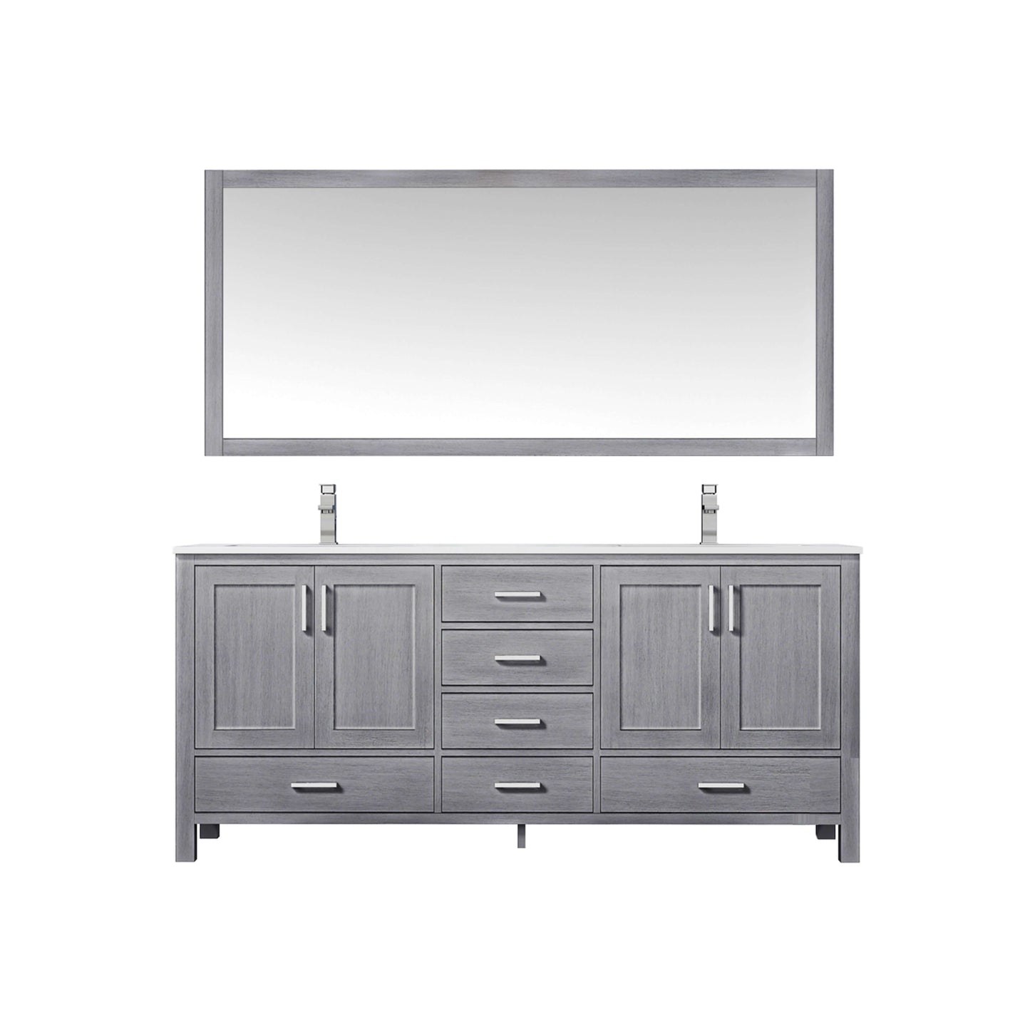 Jacques 72" Distressed Grey Double Vanity, White Quartz Top, White Square Sinks and 70" Mirror - LJ342272DDWQM70