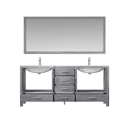 Jacques 72" Distressed Grey Double Vanity, White Quartz Top, White Square Sinks and 70" Mirror - LJ342272DDWQM70