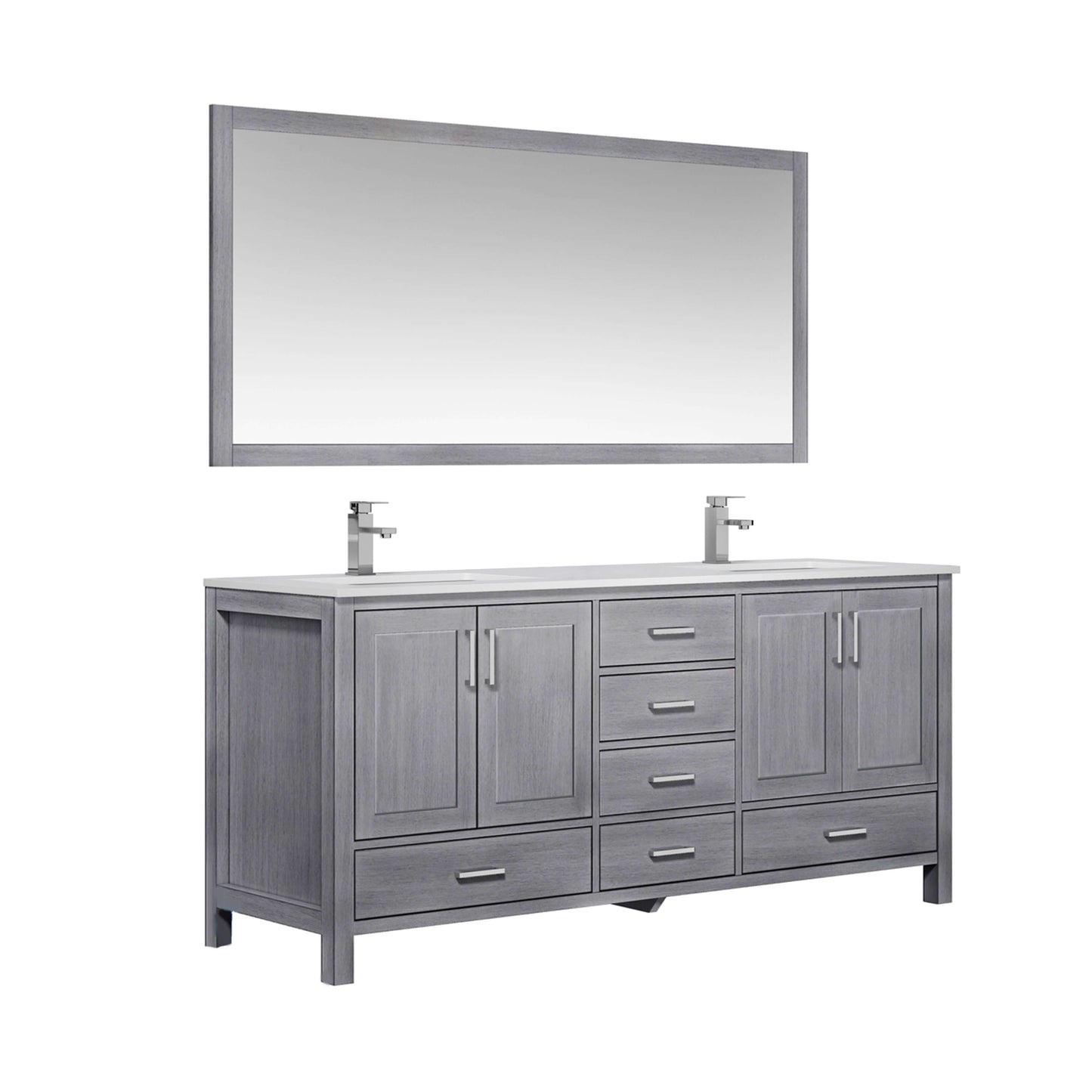 Jacques 72" Distressed Grey Double Vanity, White Quartz Top, White Square Sinks and 70" Mirror - LJ342272DDWQM70