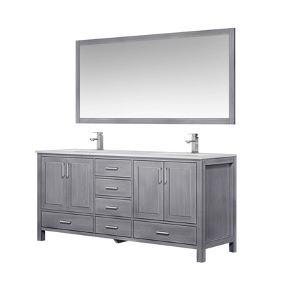 Jacques 72" Distressed Grey Double Vanity, White Quartz Top, White Square Sinks and 70" Mirror - LJ342272DDWQM70