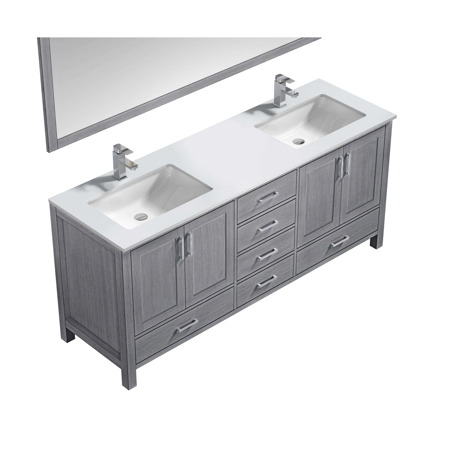 Jacques 72" Distressed Grey Double Vanity, White Quartz Top, White Square Sinks and 70" Mirror - LJ342272DDWQM70