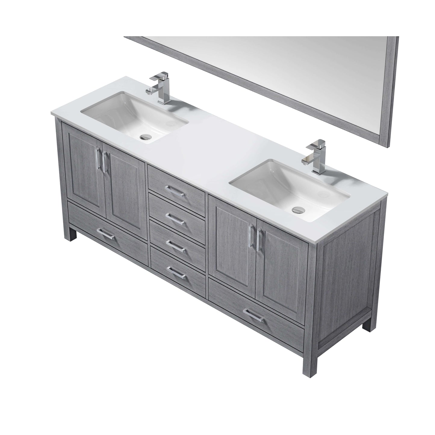 Jacques 72" Distressed Grey Double Vanity, White Quartz Top, White Square Sinks and 70" Mirror - LJ342272DDWQM70