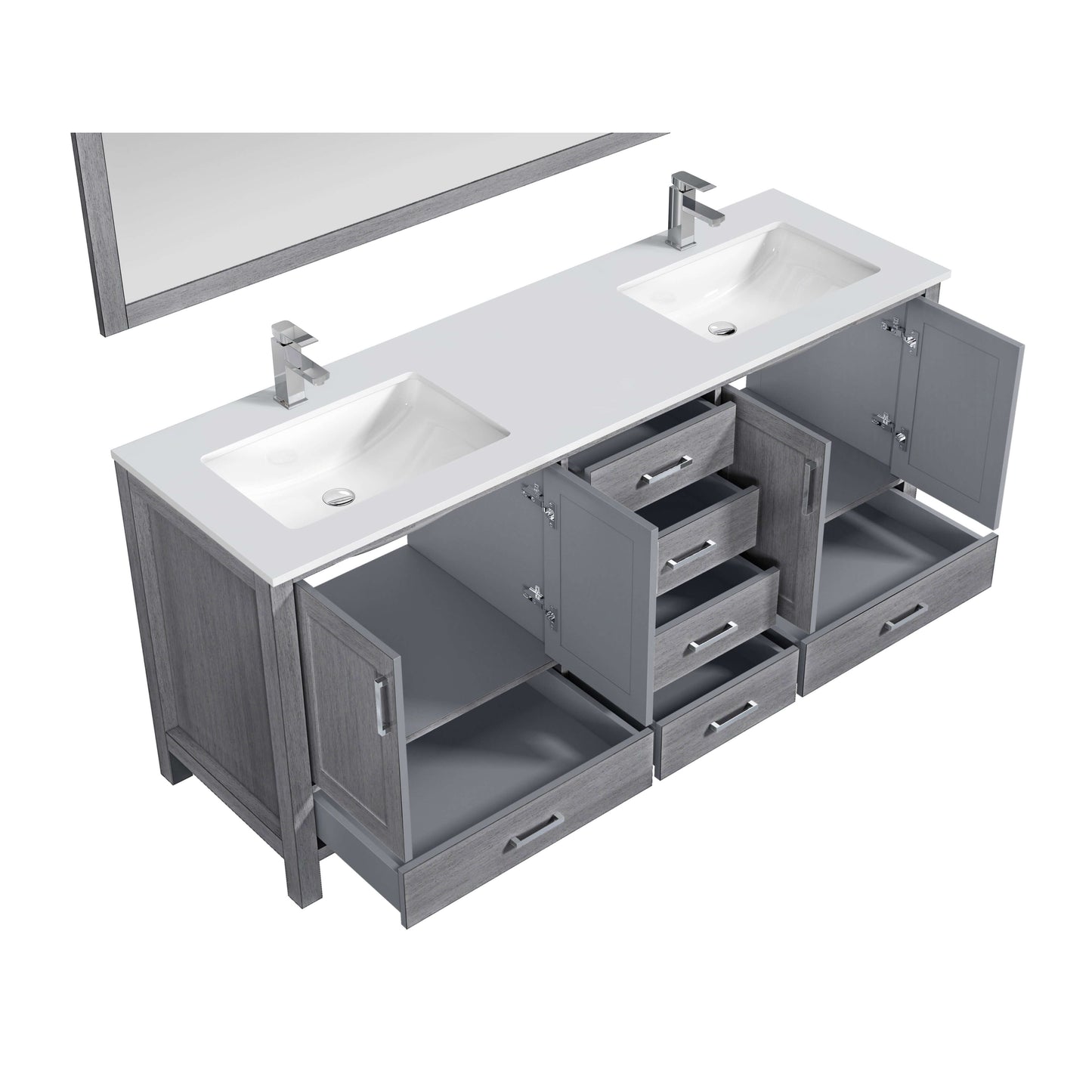 Jacques 72" Distressed Grey Double Vanity, White Quartz Top, White Square Sinks and 70" Mirror - LJ342272DDWQM70