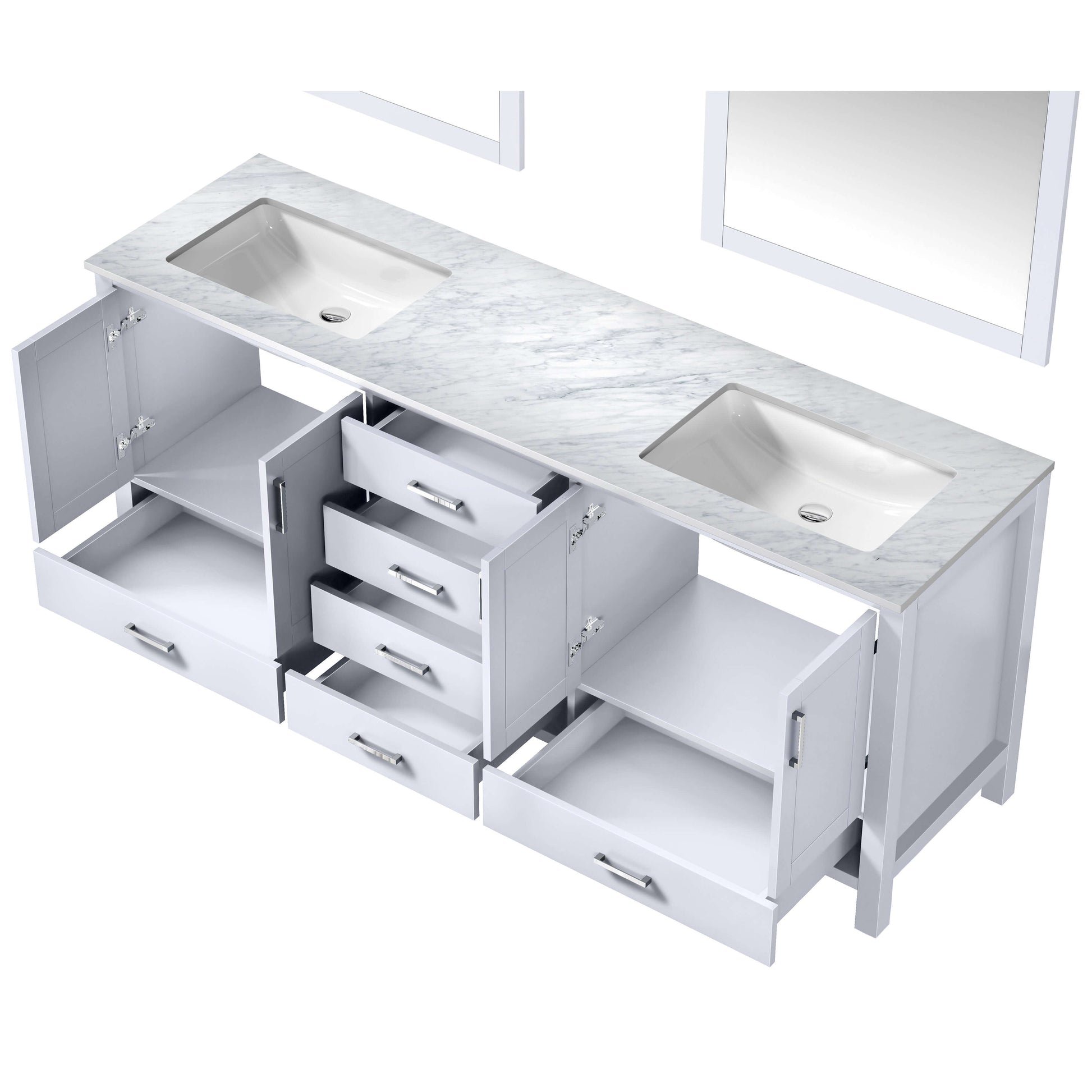 Jacques 80" White Double Vanity, White Carrara Marble Top, White Square Sinks and 30" Mirrors - LJ342280DADSM30