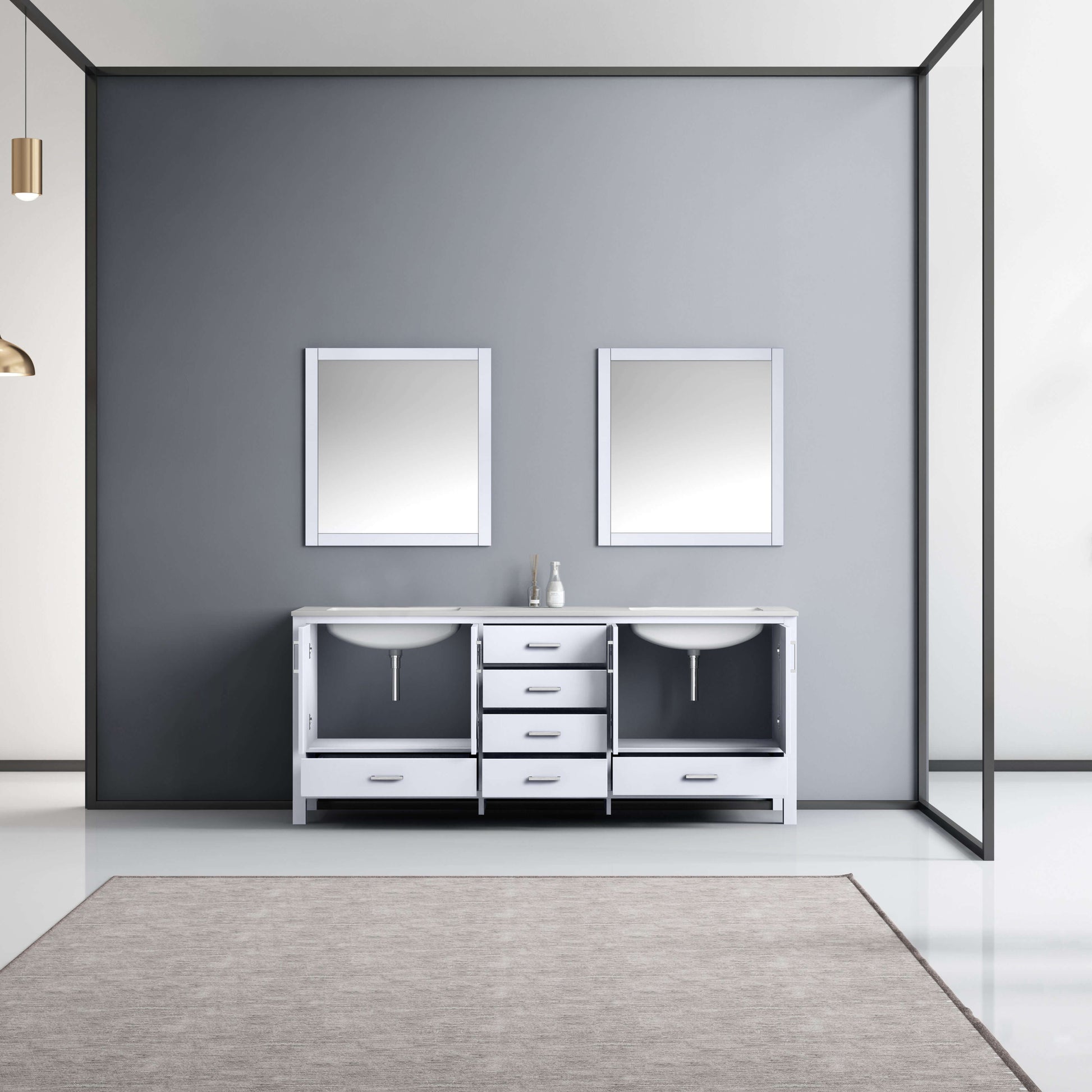 Jacques 80" White Double Vanity, White Carrara Marble Top, White Square Sinks and 30" Mirrors - LJ342280DADSM30