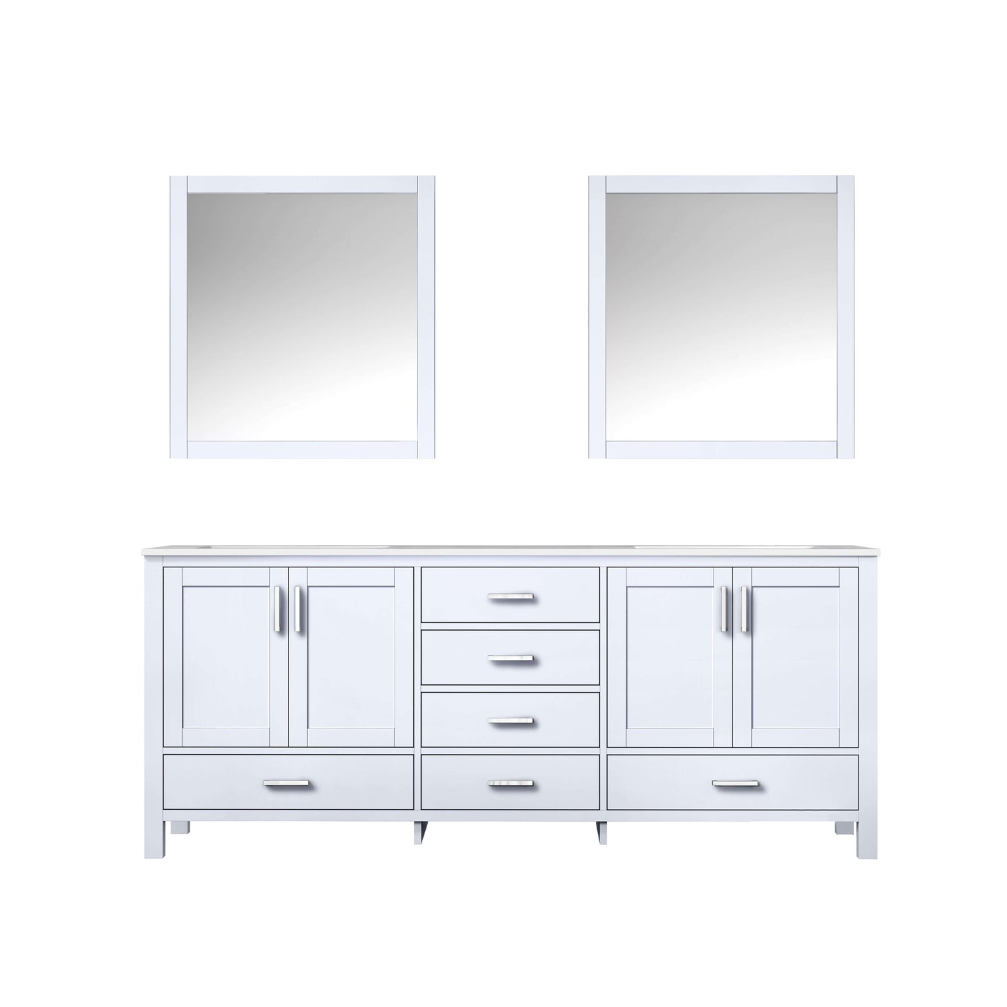 Jacques 80" White Double Vanity, White Carrara Marble Top, White Square Sinks and 30" Mirrors - LJ342280DADSM30