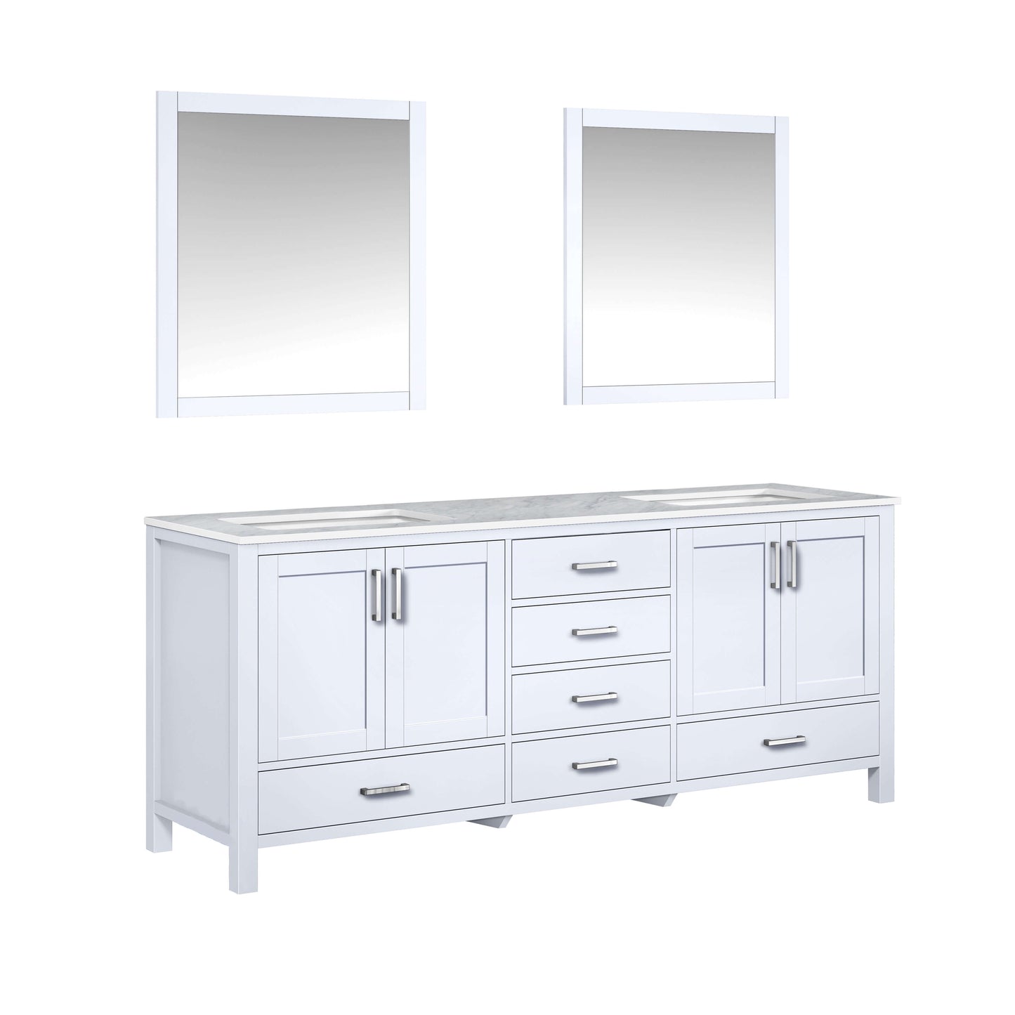 Jacques 80" White Double Vanity, White Carrara Marble Top, White Square Sinks and 30" Mirrors - LJ342280DADSM30