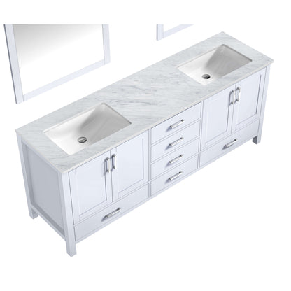 Jacques 80" White Double Vanity, White Carrara Marble Top, White Square Sinks and 30" Mirrors - LJ342280DADSM30