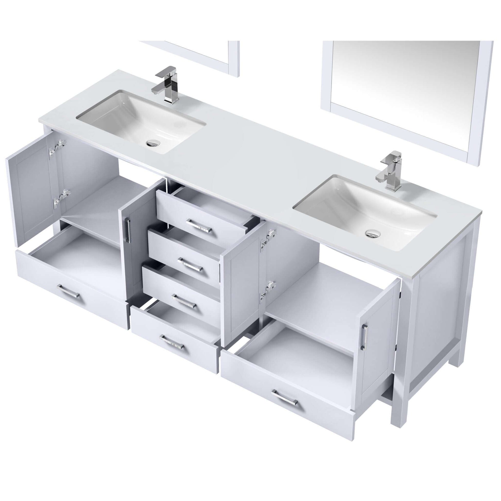 Jacques 80" White Double Vanity, White Quartz Top, White Square Sinks and 30" Mirrors - LJ342280DAWQM30