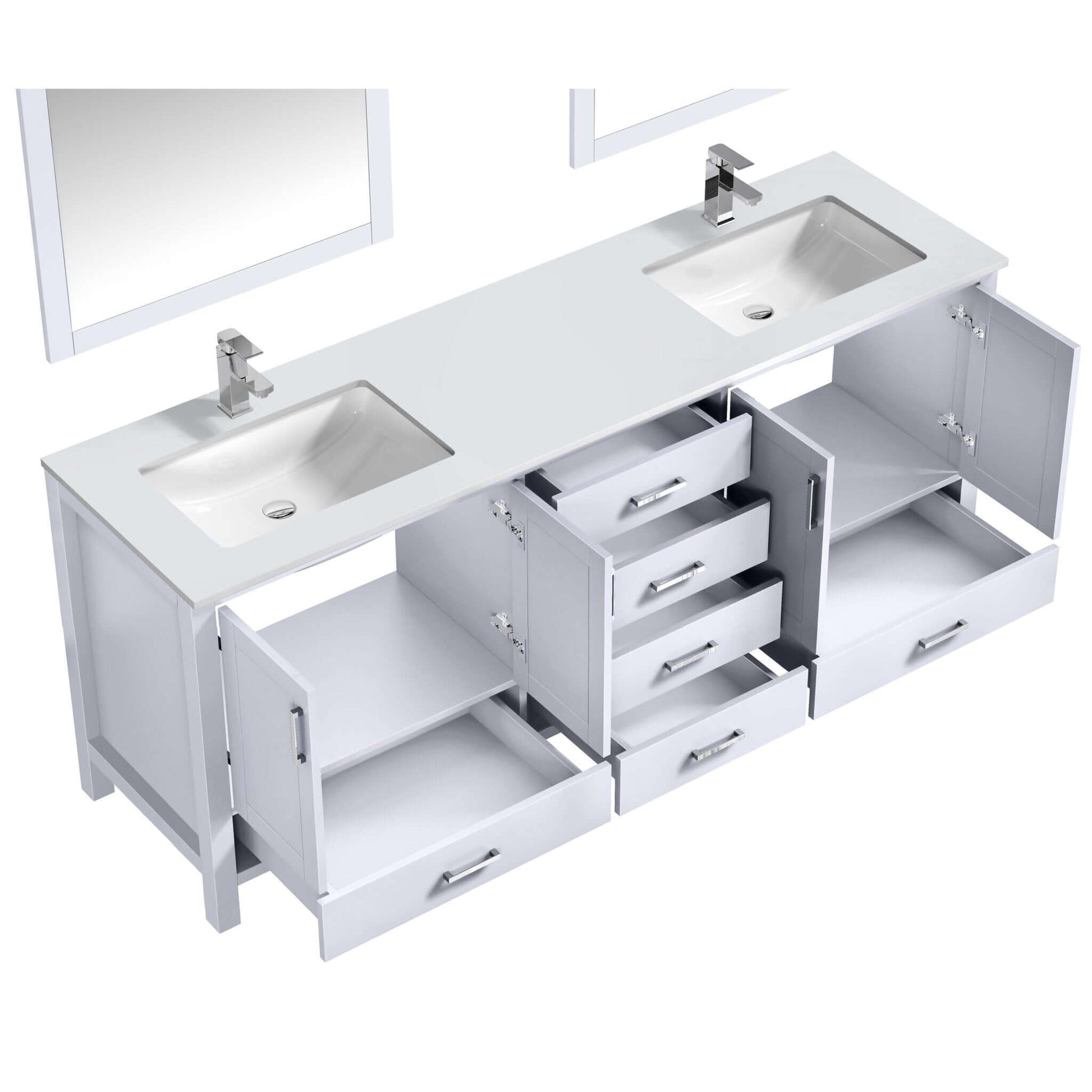 Jacques 80" White Double Vanity, White Quartz Top, White Square Sinks and 30" Mirrors - LJ342280DAWQM30