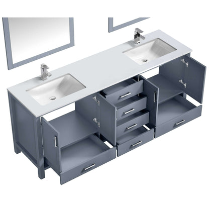 Jacques 80" Dark Grey Double Vanity, White Quartz Top, White Square Sinks and 30" Mirrors - LJ342280DBWQM30