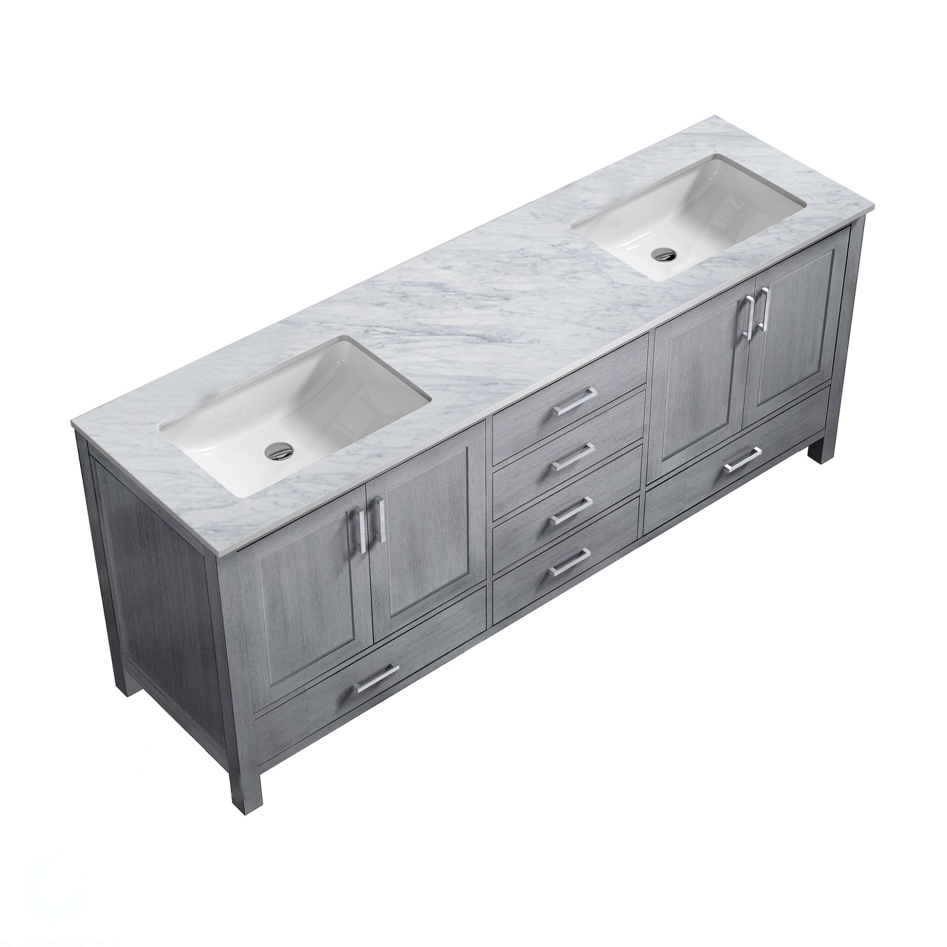 Jacques 80" Distressed Grey Double Vanity, White Carrara Marble Top, White Square Sinks and no Mirror - LJ342280DDDS000