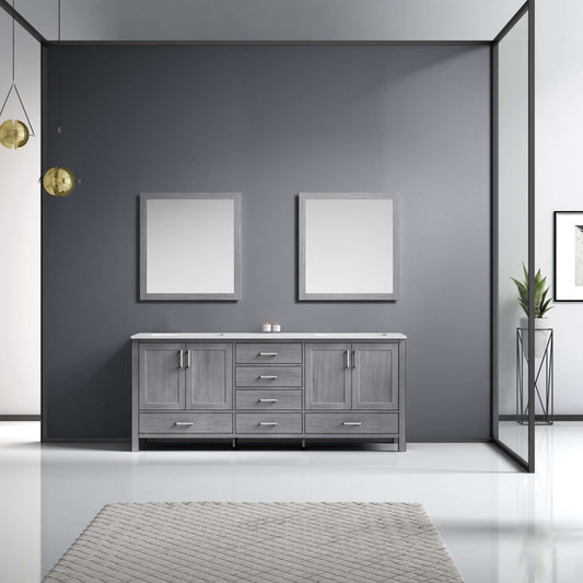 Jacques 80" Distressed Grey Double Vanity, White Carrara Marble Top, White Square Sinks and 30" Mirrors - LJ342280DDDSM30