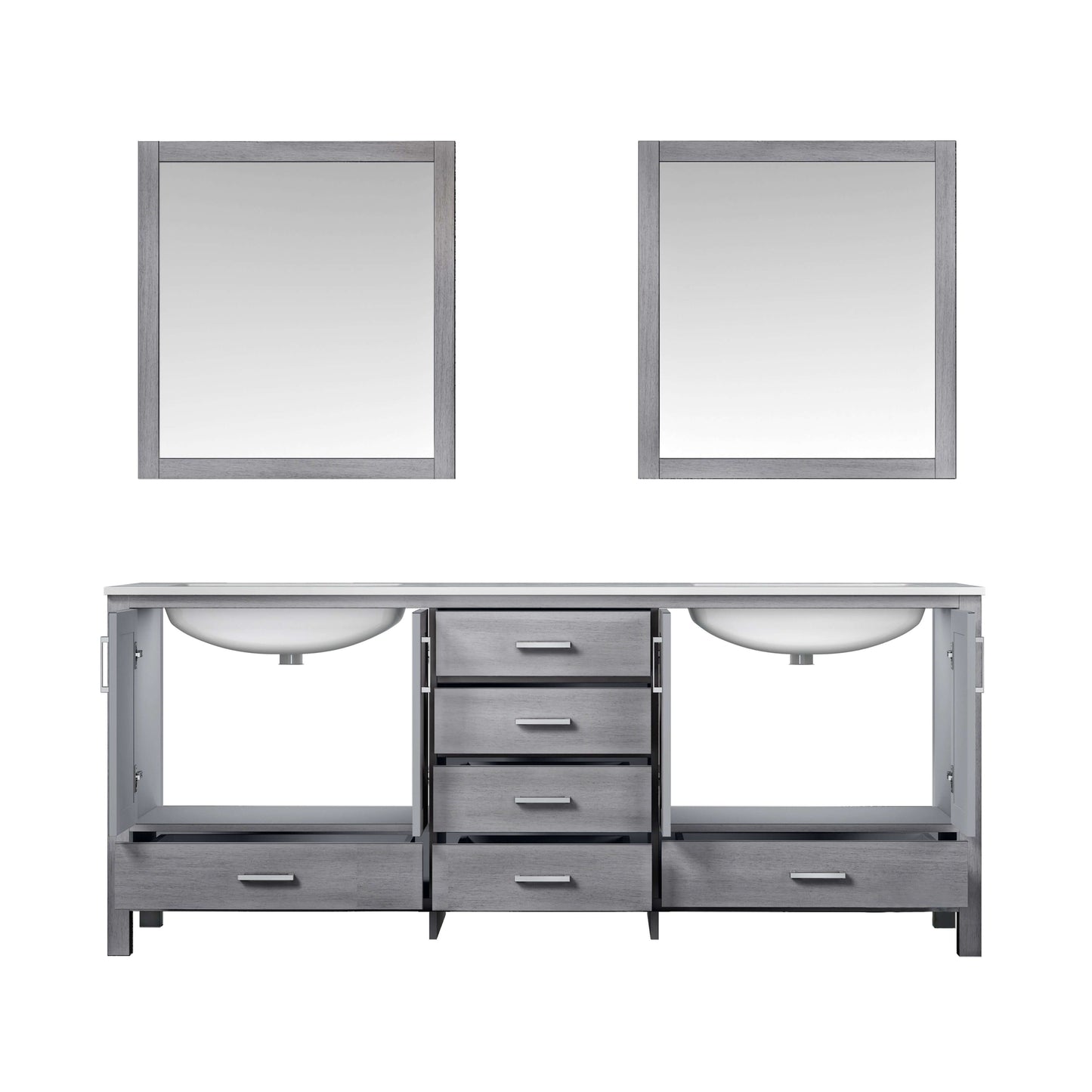 Jacques 80" Distressed Grey Double Vanity, White Carrara Marble Top, White Square Sinks and 30" Mirrors - LJ342280DDDSM30