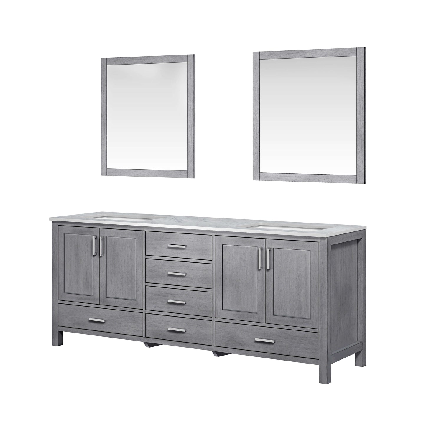 Jacques 80" Distressed Grey Double Vanity, White Carrara Marble Top, White Square Sinks and 30" Mirrors - LJ342280DDDSM30