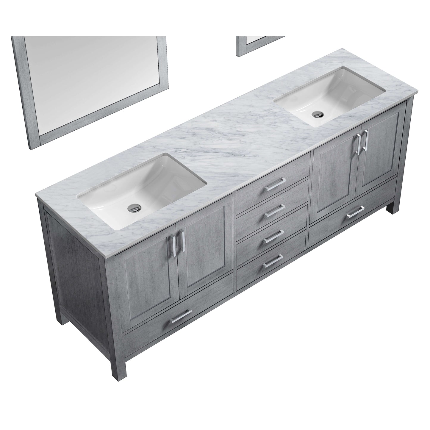 Jacques 80" Distressed Grey Double Vanity, White Carrara Marble Top, White Square Sinks and 30" Mirrors - LJ342280DDDSM30