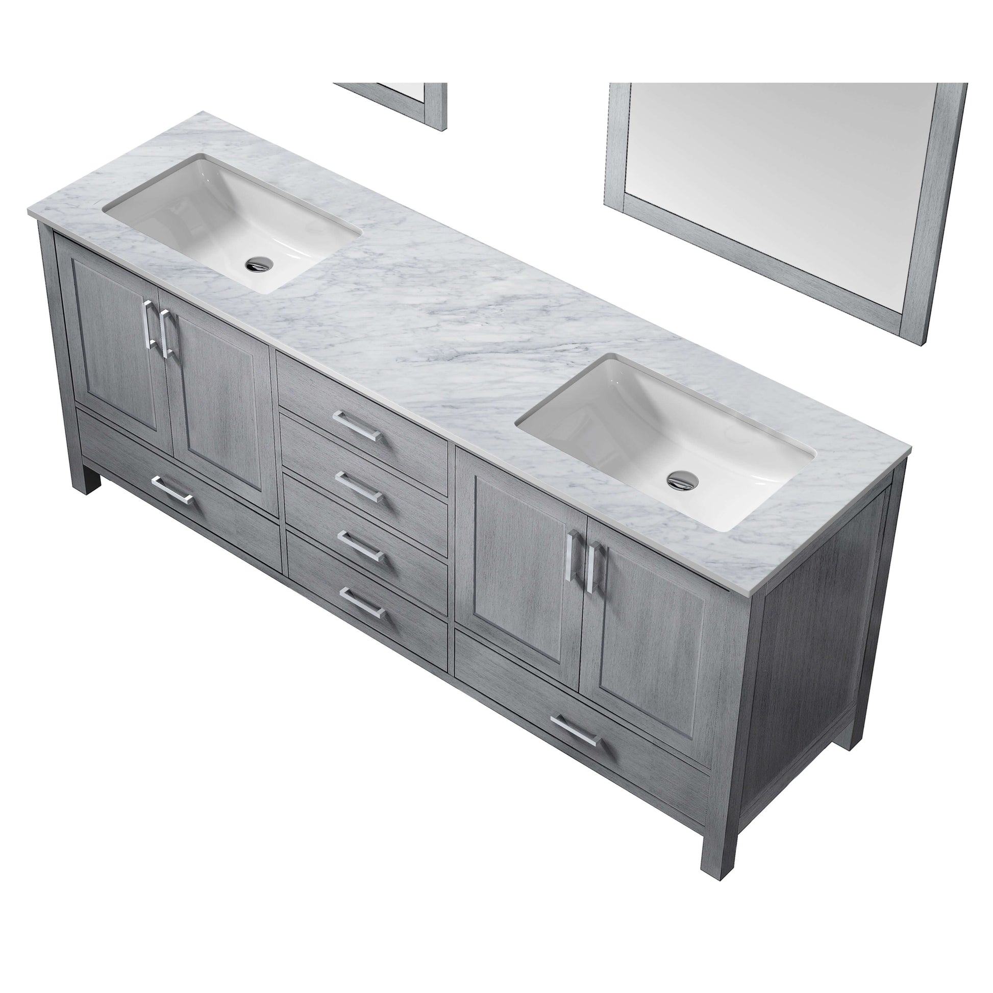 Jacques 80" Distressed Grey Double Vanity, White Carrara Marble Top, White Square Sinks and 30" Mirrors - LJ342280DDDSM30