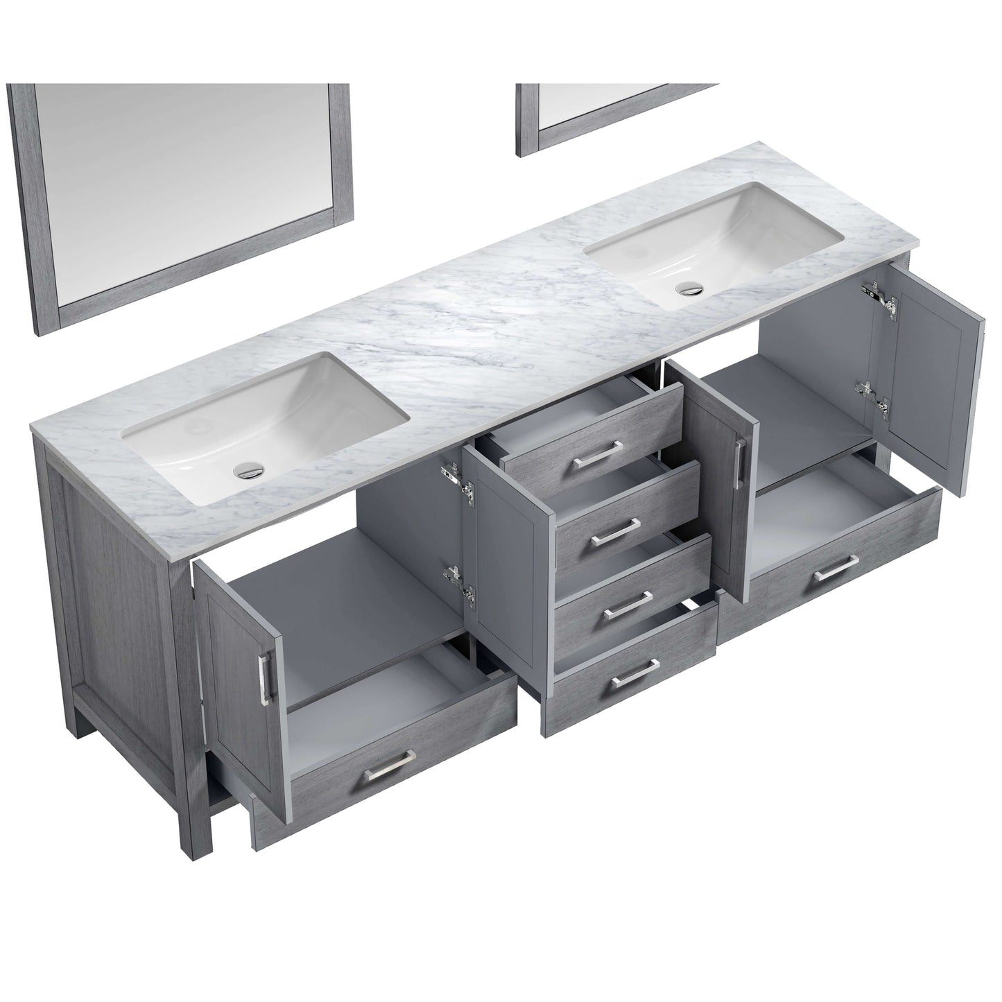 Jacques 80" Distressed Grey Double Vanity, White Carrara Marble Top, White Square Sinks and 30" Mirrors - LJ342280DDDSM30