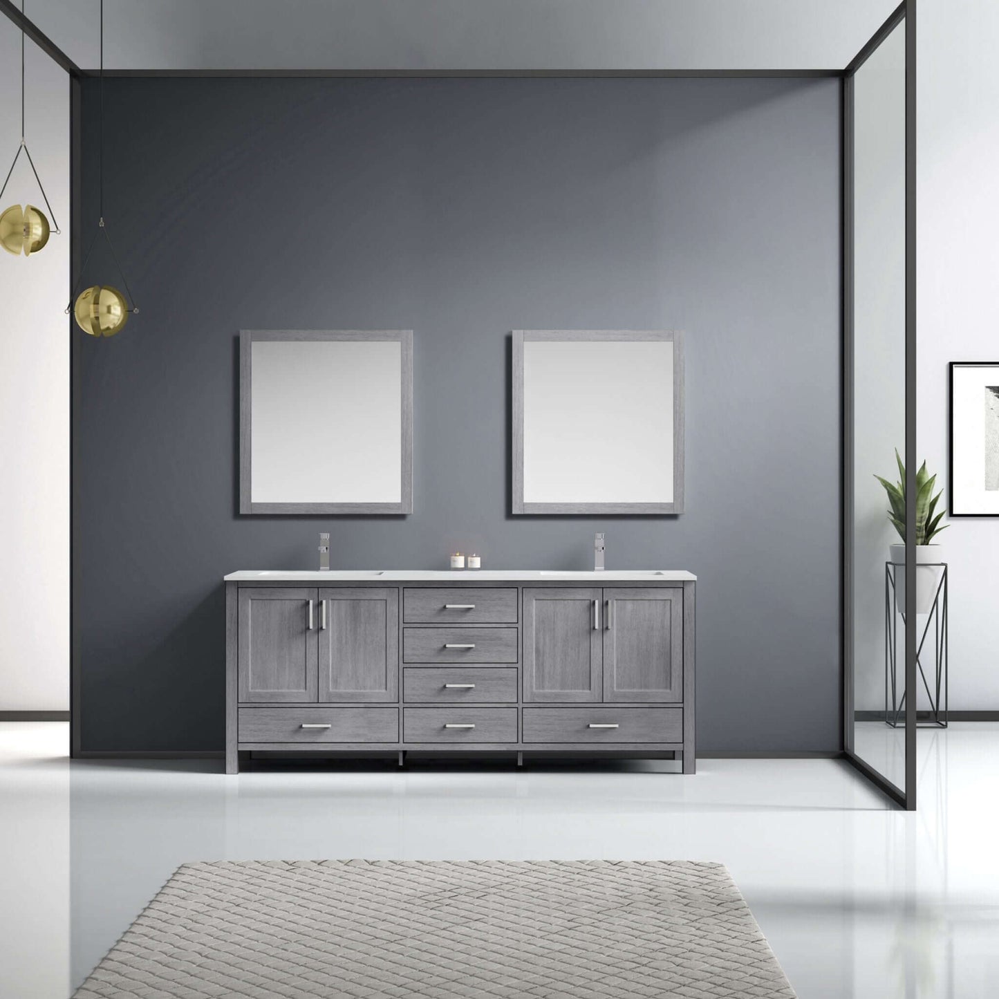 Jacques 80" Distressed Grey Double Vanity, White Quartz Top, White Square Sinks and 30" Mirrors - LJ342280DDWQM30