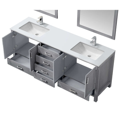 Jacques 80" Distressed Grey Double Vanity, White Quartz Top, White Square Sinks and 30" Mirrors - LJ342280DDWQM30