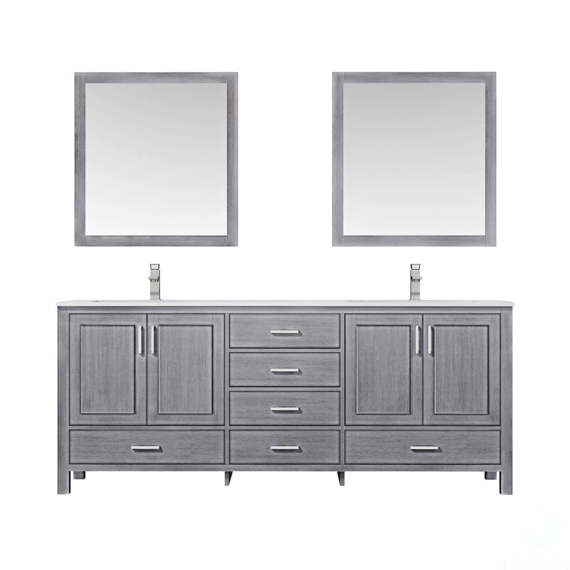 Jacques 80" Distressed Grey Double Vanity, White Quartz Top, White Square Sinks and 30" Mirrors - LJ342280DDWQM30