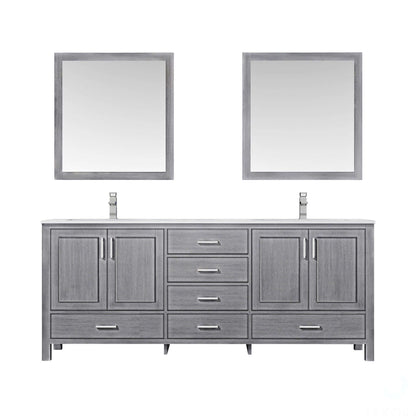 Jacques 80" Distressed Grey Double Vanity, White Quartz Top, White Square Sinks and 30" Mirrors - LJ342280DDWQM30