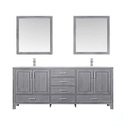 Jacques 80" Distressed Grey Double Vanity, White Quartz Top, White Square Sinks and 30" Mirrors - LJ342280DDWQM30