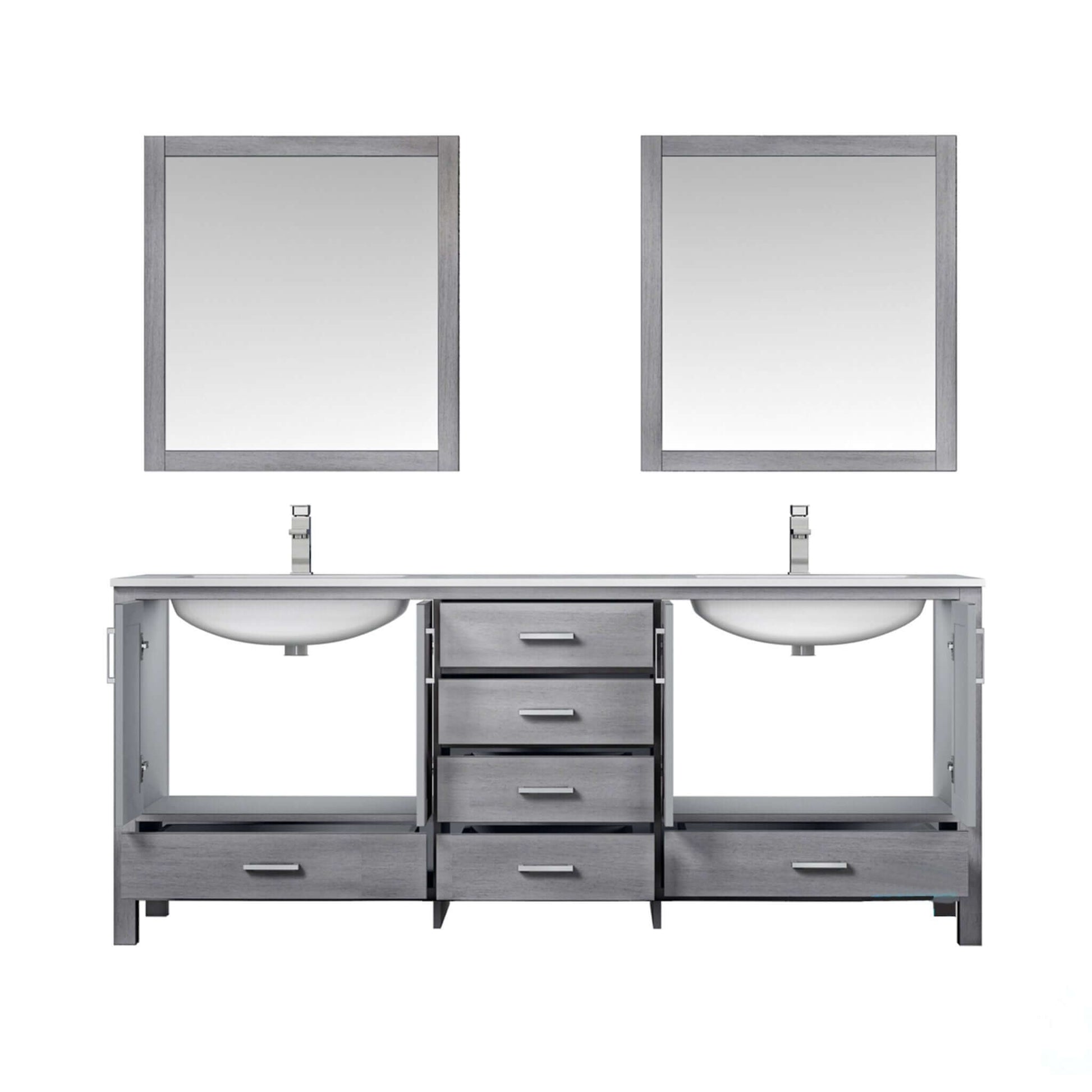 Jacques 80" Distressed Grey Double Vanity, White Quartz Top, White Square Sinks and 30" Mirrors - LJ342280DDWQM30