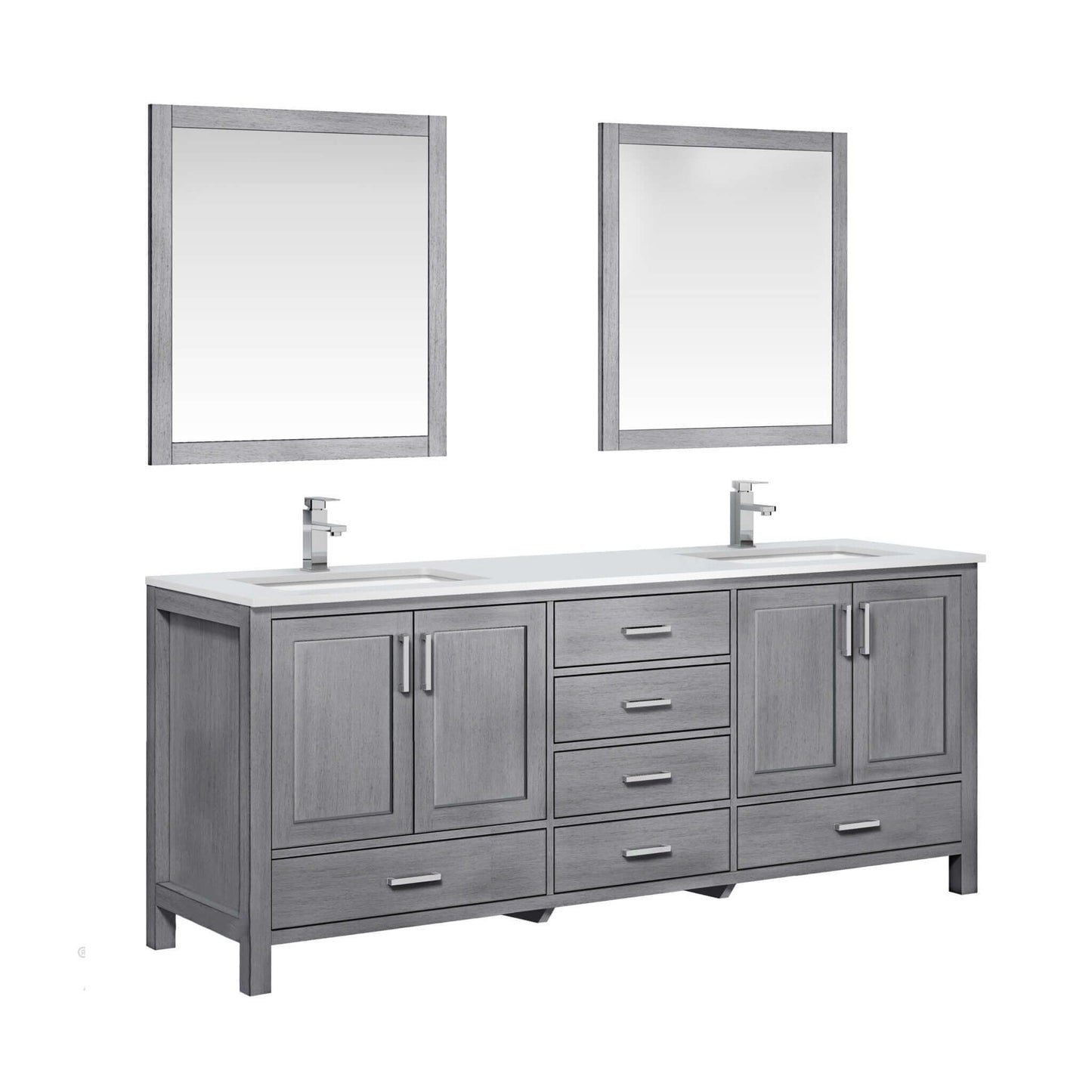 Jacques 80" Distressed Grey Double Vanity, White Quartz Top, White Square Sinks and 30" Mirrors - LJ342280DDWQM30