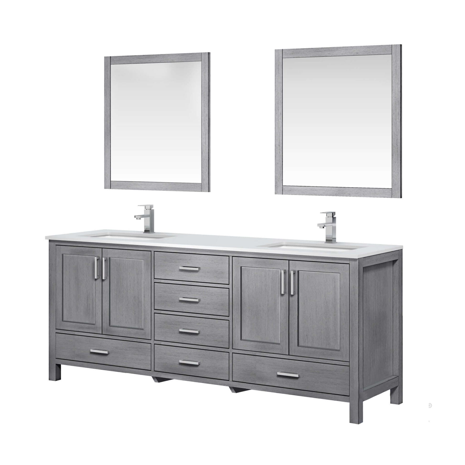 Jacques 80" Distressed Grey Double Vanity, White Quartz Top, White Square Sinks and 30" Mirrors - LJ342280DDWQM30