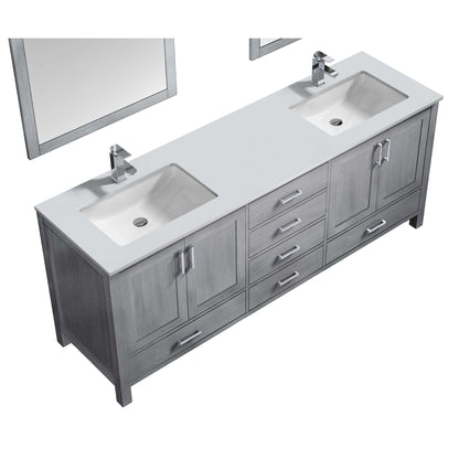 Jacques 80" Distressed Grey Double Vanity, White Quartz Top, White Square Sinks and 30" Mirrors - LJ342280DDWQM30