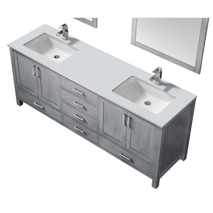 Jacques 80" Distressed Grey Double Vanity, White Quartz Top, White Square Sinks and 30" Mirrors - LJ342280DDWQM30