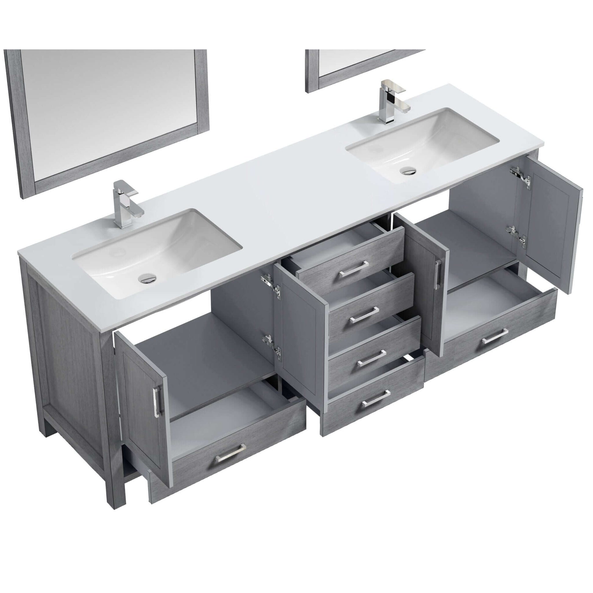 Jacques 80" Distressed Grey Double Vanity, White Quartz Top, White Square Sinks and 30" Mirrors - LJ342280DDWQM30