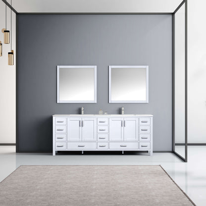 Jacques 84" White Double Vanity, White Carrara Marble Top, White Square Sinks and 34" Mirrors - LJ342284DADSM34