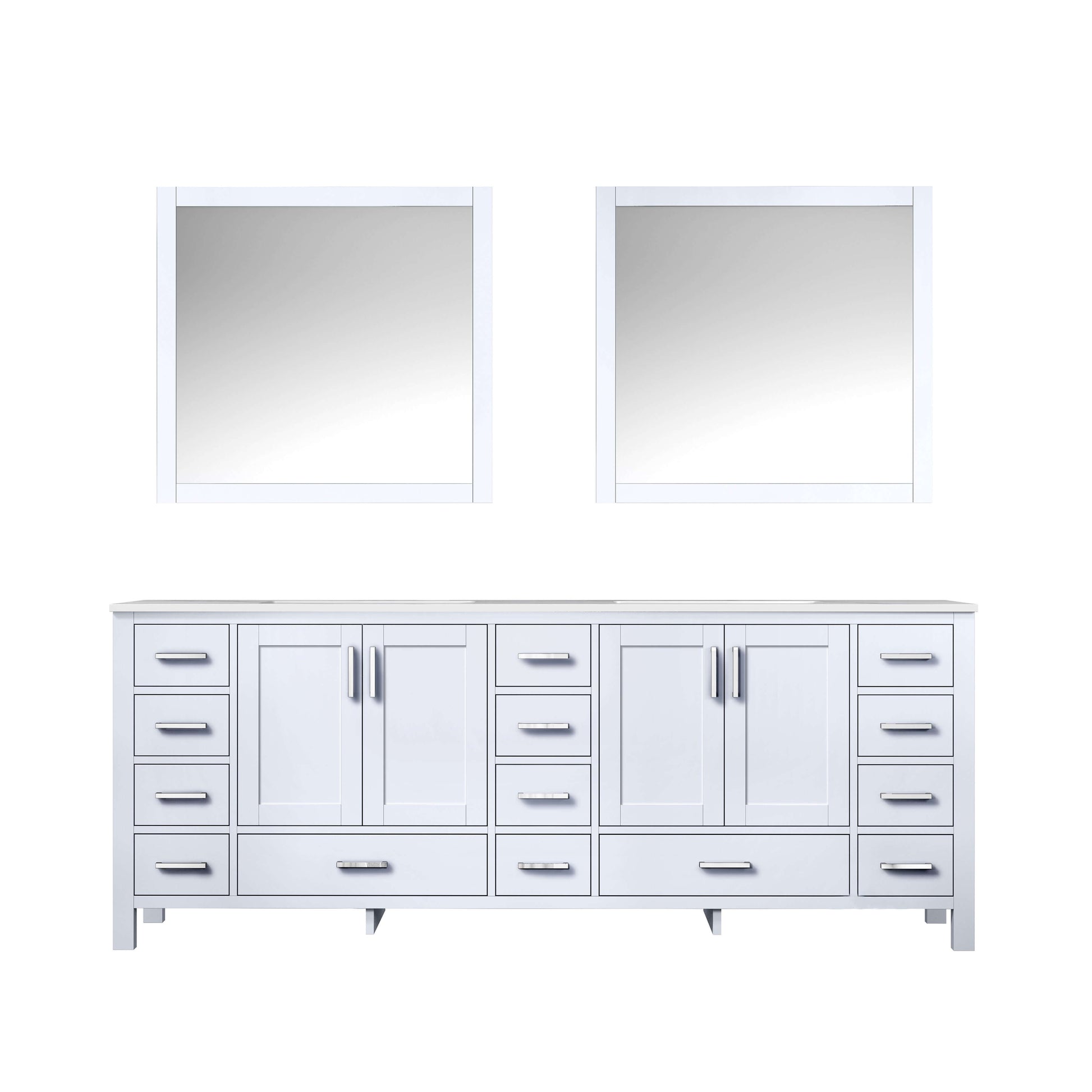 Jacques 84" White Double Vanity, White Carrara Marble Top, White Square Sinks and 34" Mirrors - LJ342284DADSM34