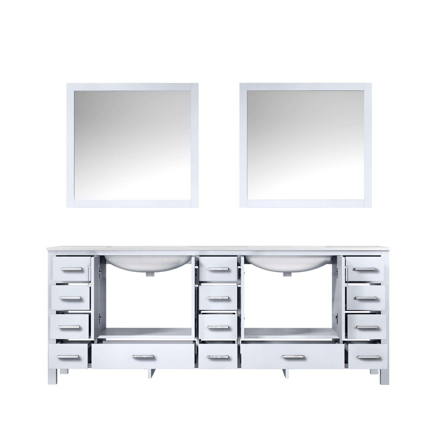 Jacques 84" White Double Vanity, White Carrara Marble Top, White Square Sinks and 34" Mirrors - LJ342284DADSM34