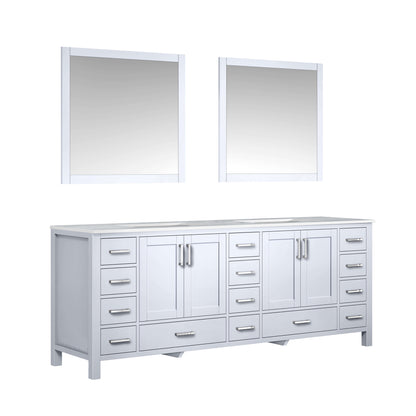 Jacques 84" White Double Vanity, White Carrara Marble Top, White Square Sinks and 34" Mirrors - LJ342284DADSM34