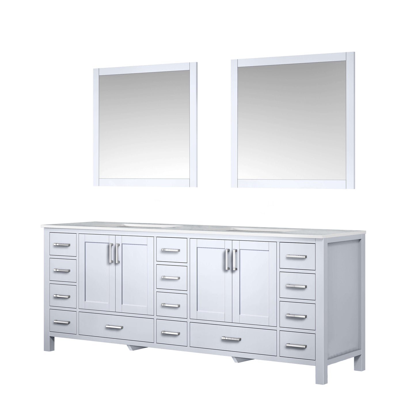 Jacques 84" White Double Vanity, White Carrara Marble Top, White Square Sinks and 34" Mirrors - LJ342284DADSM34