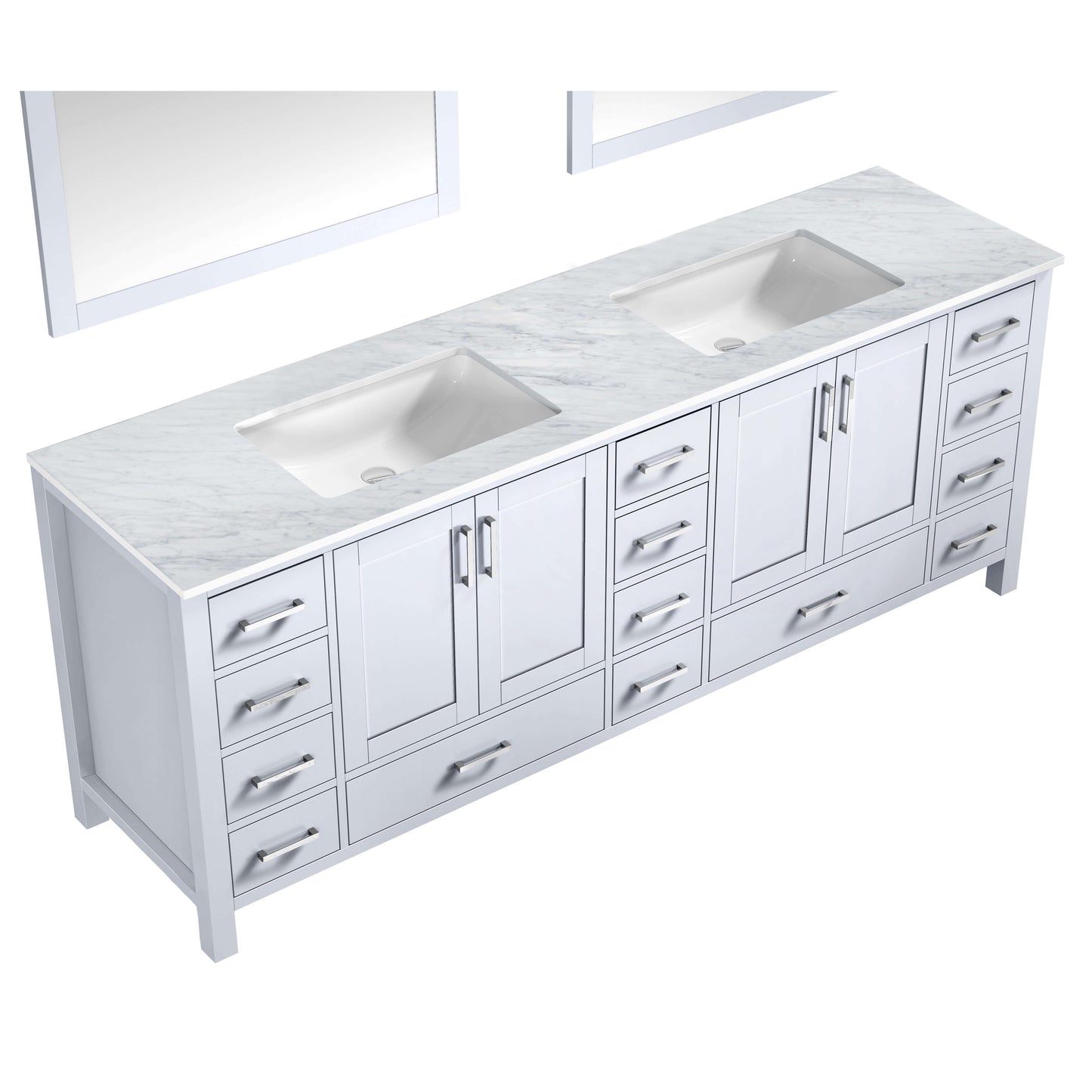 Jacques 84" White Double Vanity, White Carrara Marble Top, White Square Sinks and 34" Mirrors - LJ342284DADSM34