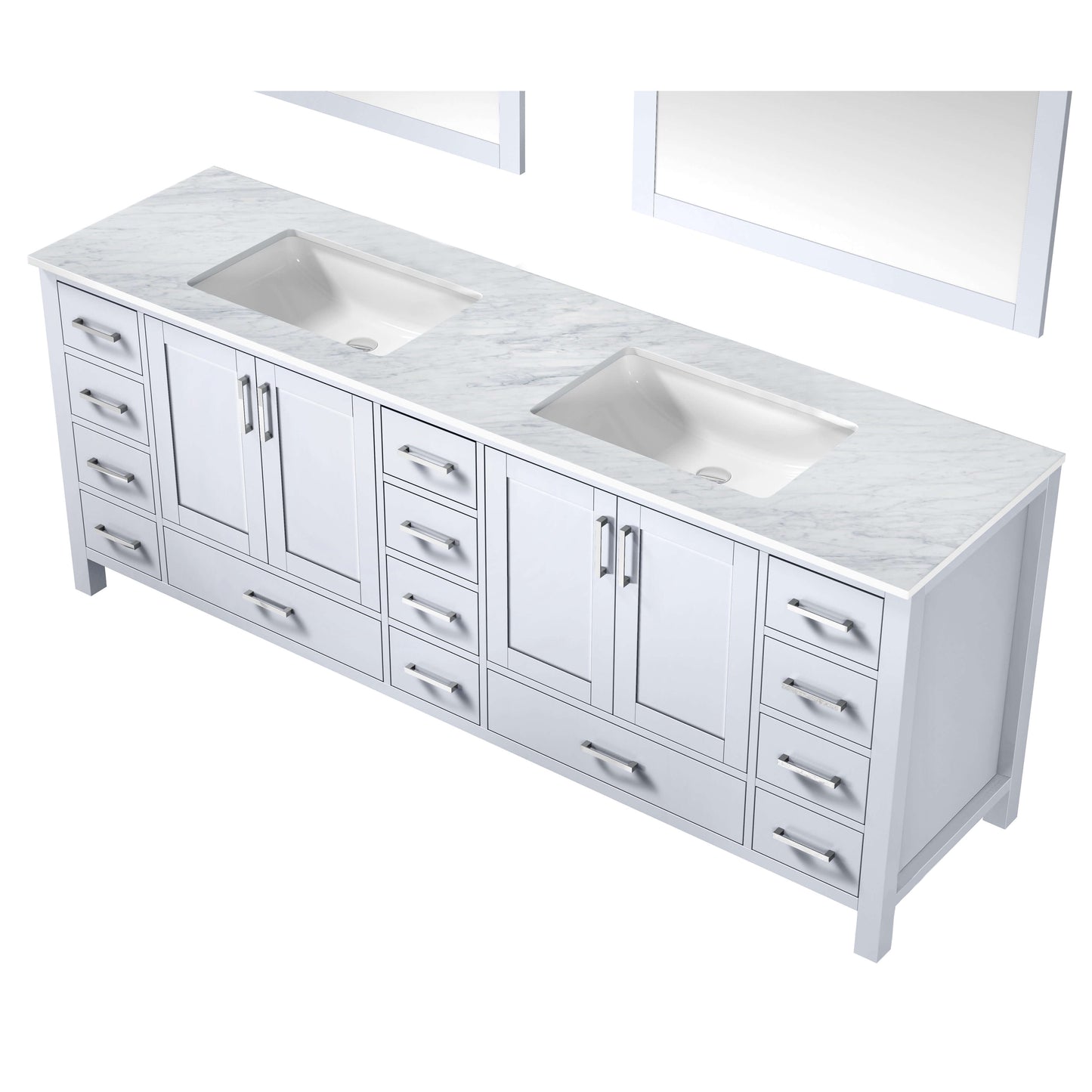 Jacques 84" White Double Vanity, White Carrara Marble Top, White Square Sinks and 34" Mirrors - LJ342284DADSM34