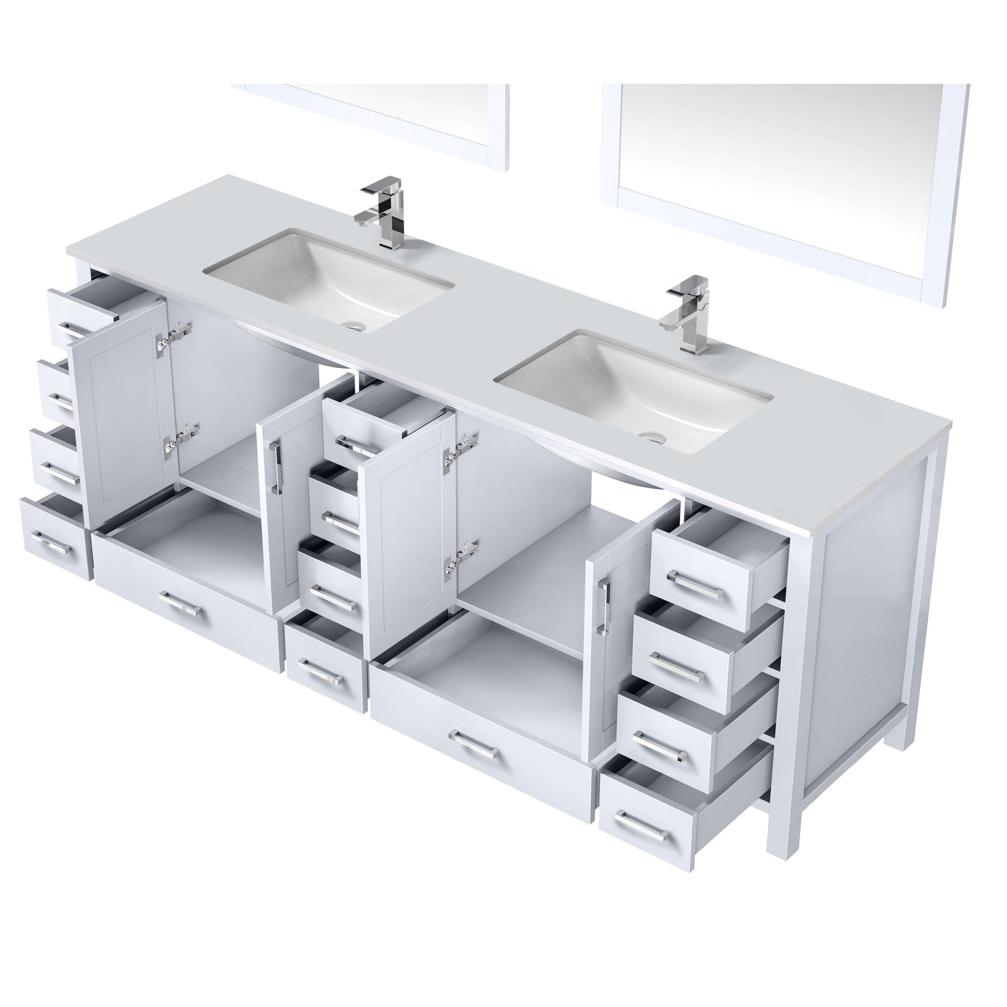 Jacques 84" White Double Vanity, White Quartz Top, White Square Sinks and 34" Mirrors - LJ342284DAWQM34