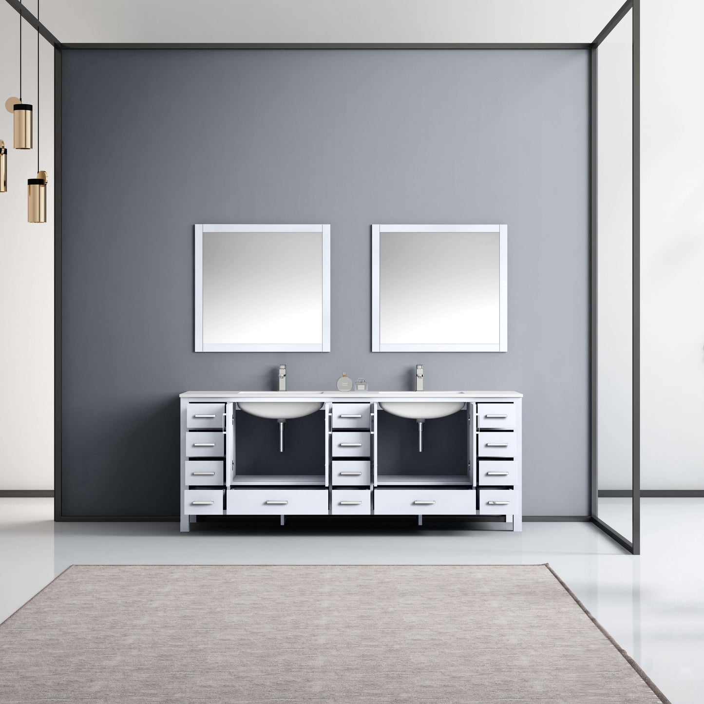 Jacques 84" White Double Vanity, White Quartz Top, White Square Sinks and 34" Mirrors - LJ342284DAWQM34