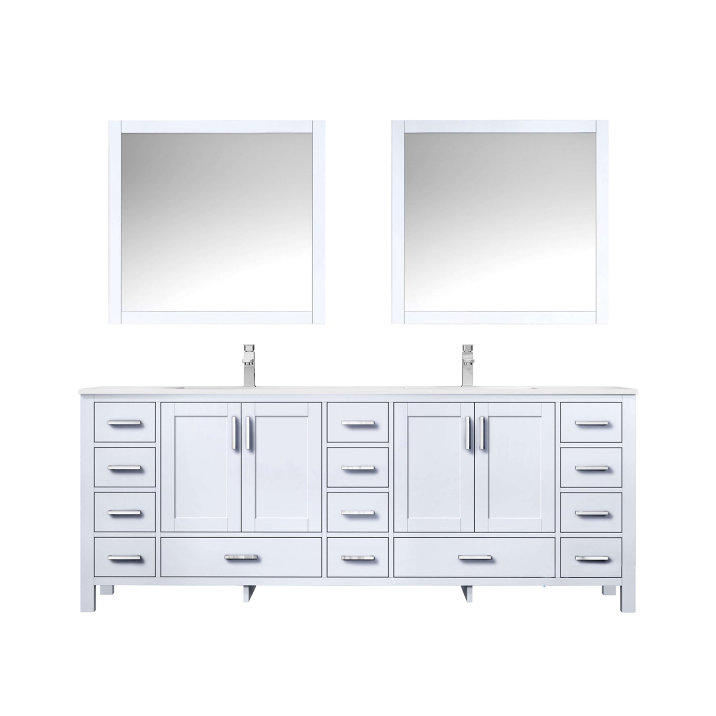 Jacques 84" White Double Vanity, White Quartz Top, White Square Sinks and 34" Mirrors - LJ342284DAWQM34