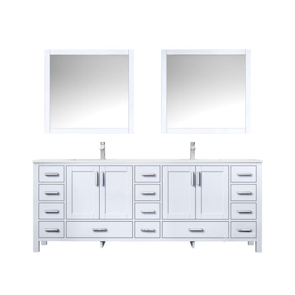 Jacques 84" White Double Vanity, White Quartz Top, White Square Sinks and 34" Mirrors - LJ342284DAWQM34