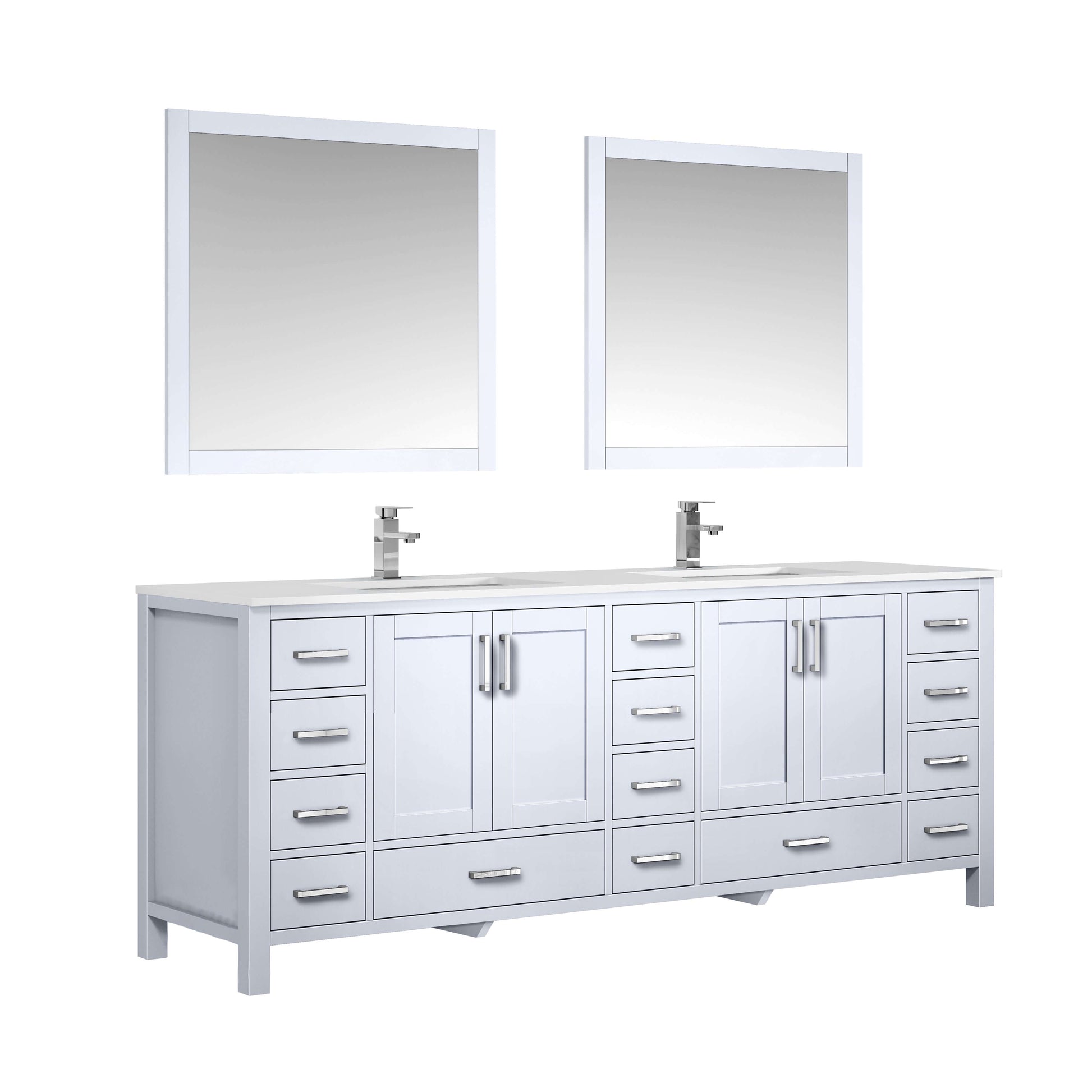 Jacques 84" White Double Vanity, White Quartz Top, White Square Sinks and 34" Mirrors - LJ342284DAWQM34