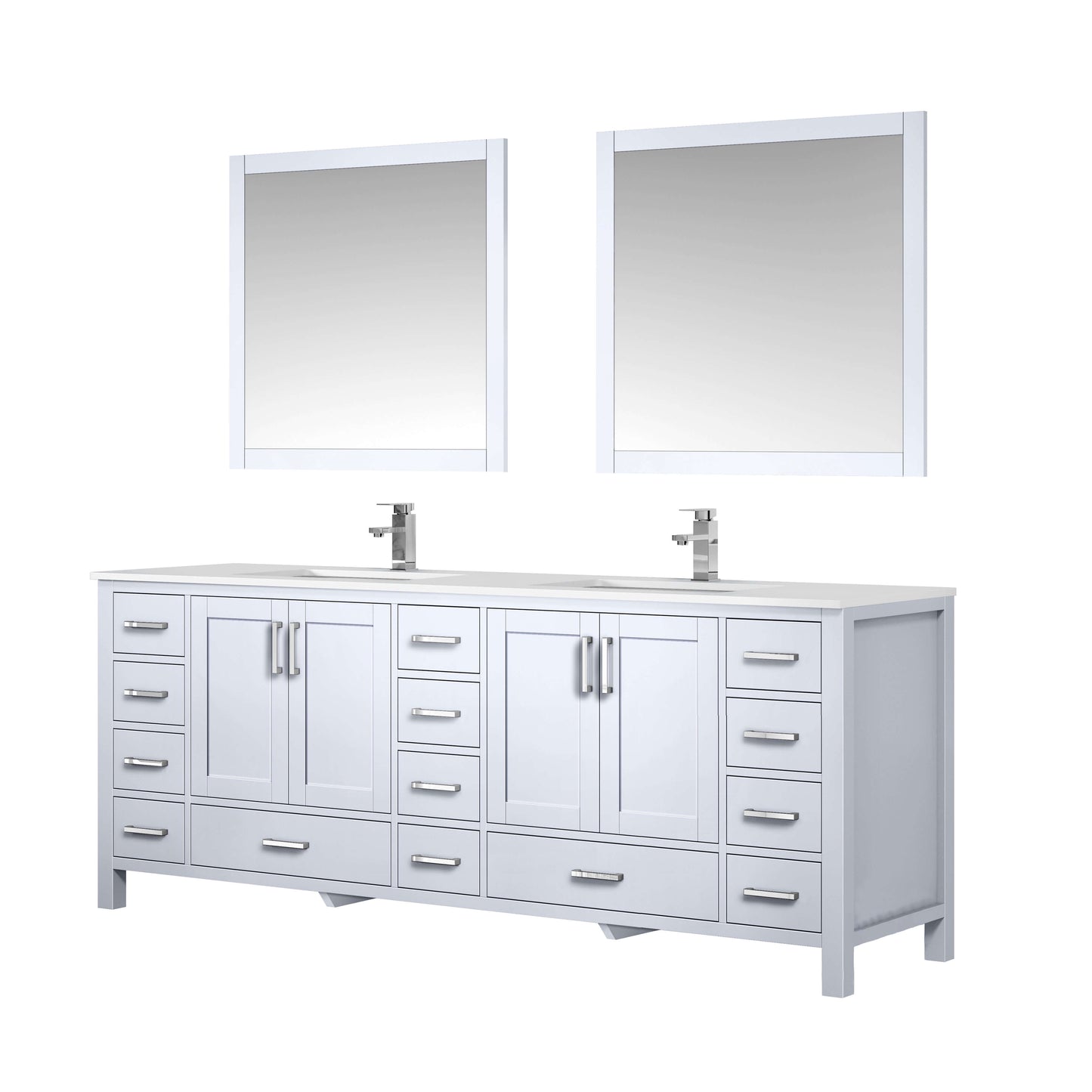 Jacques 84" White Double Vanity, White Quartz Top, White Square Sinks and 34" Mirrors - LJ342284DAWQM34