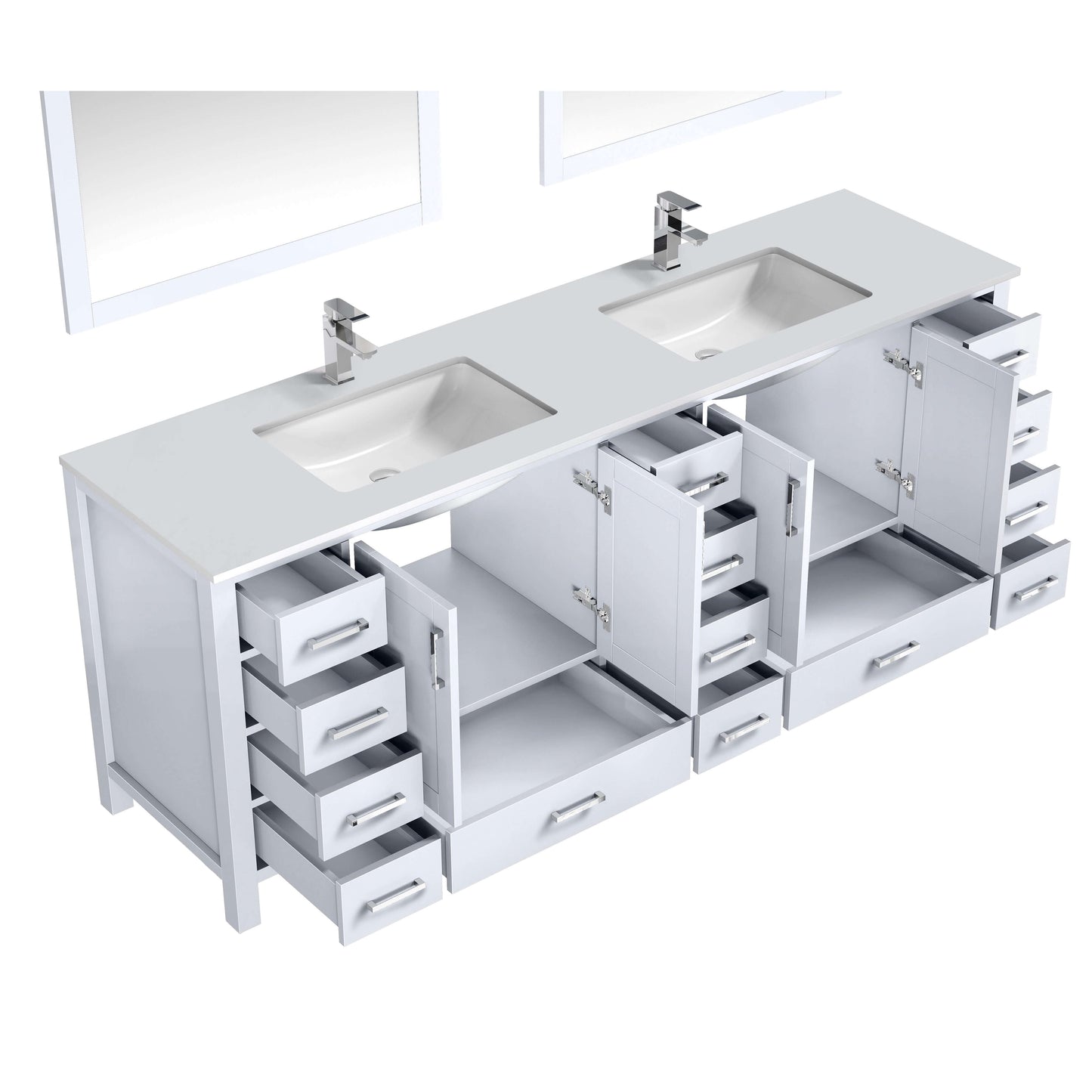 Jacques 84" White Double Vanity, White Quartz Top, White Square Sinks and 34" Mirrors - LJ342284DAWQM34