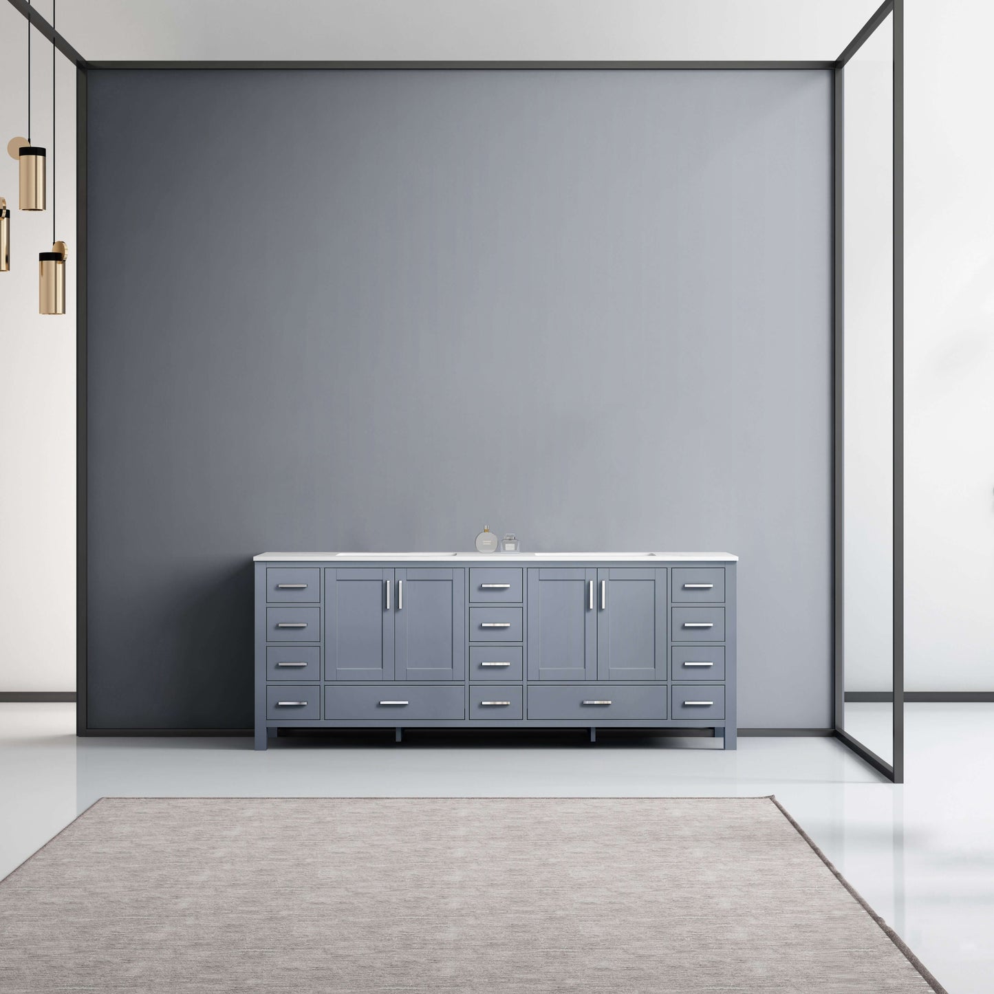 Jacques 84" Dark Grey Double Vanity, White Carrara Marble Top, White Square Sinks and no Mirror - LJ342284DBDS000