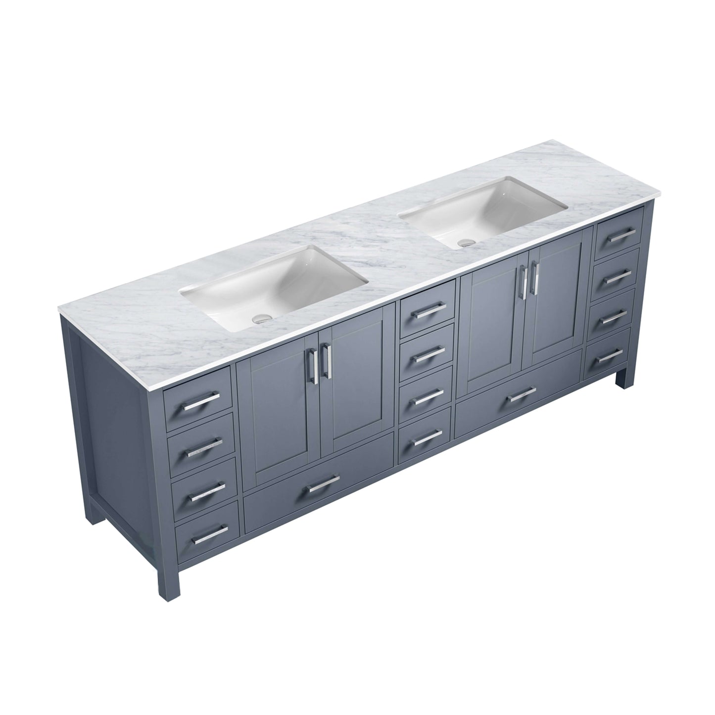 Jacques 84" Dark Grey Double Vanity, White Carrara Marble Top, White Square Sinks and no Mirror - LJ342284DBDS000