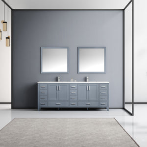 Jacques 84" Dark Grey Double Vanity, White Carrara Marble Top, White Square Sinks and 34" Mirrors - LJ342284DBDSM34